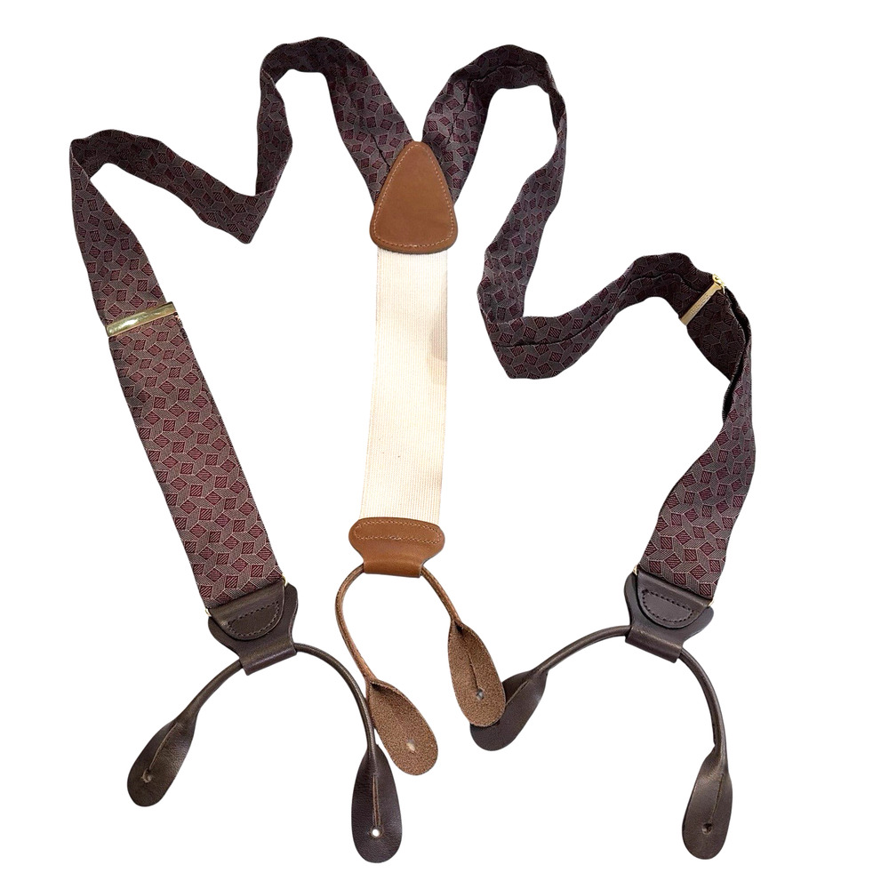 VTG Trafalgar Button Suspenders Leather Ends Y-Back Burgundy NWOT